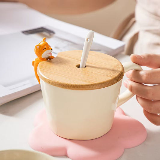 Adorable Ceramic Cup with Bamboo Lid & Spoon 🐱🐶 – Perfect for Coffee, Tea & Soups ☕️